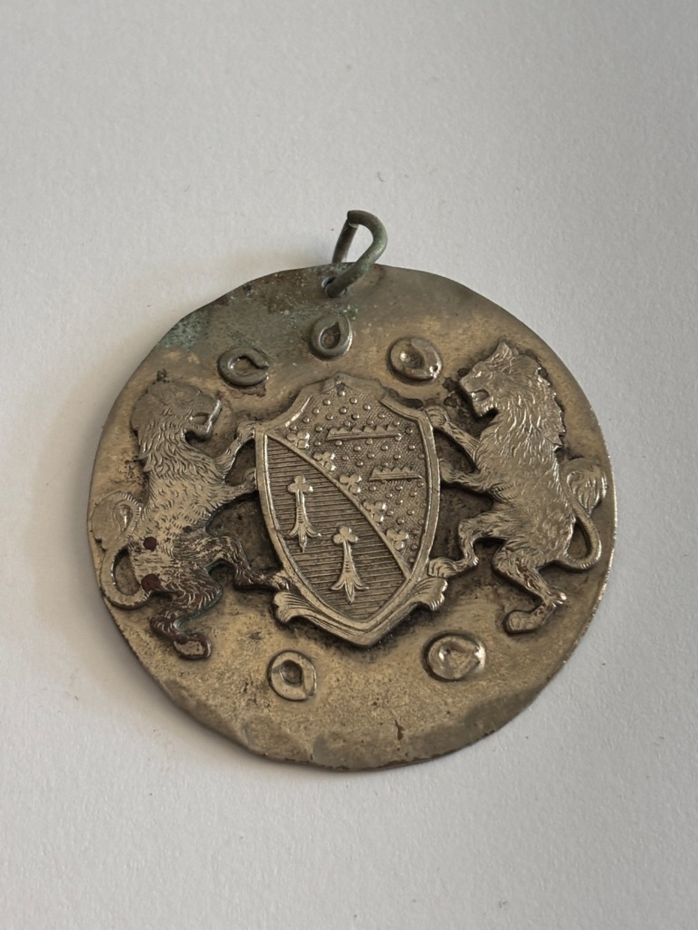 Vintage Shield Crest Pendant with Lions - Silver Tone